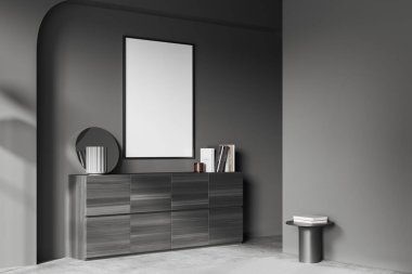 Gri duvarları, beton zemini, üzerinde dikey maket posteri olan ahşap dolabı ve yuvarlak aynası olan şık oturma odasının köşesi. 3d oluşturma