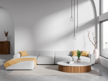 Oturma odasının içinde kanepe, sehpa ve beton zeminde halı var. Gökdelenlerin panoramik penceresi. Boşluk duvarını kopyala. 3B görüntüleme