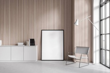 Ahşap çekmecesi ve koltuğu olan modern oturma odası, gökdelenlerin panoramik penceresi. Rahatlatıcı bir köşe ve yerde bir tuval posteri var. 3B görüntüleme