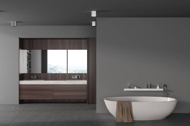 Küvet ve aksesuarlarla dolu modern karanlık otel banyosu, boş duvarlar. Ahşap şifoniyer ve ayna ile çift lavabo. 3B görüntüleme