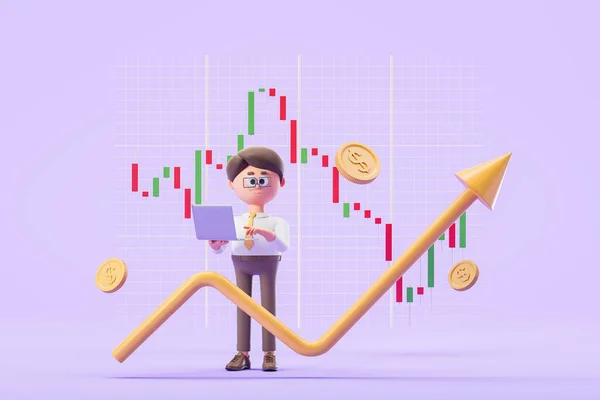 Rendering Cartoon Character Businessman Computer Financial Graph Forex Candlesticks Dollars — Stock Photo, Image