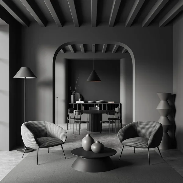 Interior Sala Estar Escura Com Poltronas Mesa Jantar Com Cadeiras — Fotografia de Stock