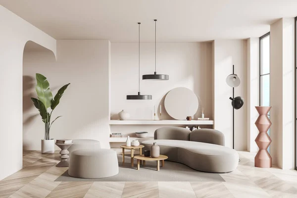 Interieur Eines Modernen Wohnzimmers Mit Weißen Wänden Holzboden Gemütlichem Sofa — Stockfoto