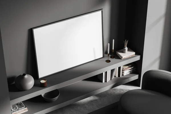View Horizontal Mock Poster Standing Shelf Stylish Living Room Gray — Stock Photo, Image