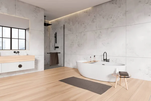 Modern Hotel Bathroom Interior Sink Shower Glass Partition Bathtub Accessories — Stock Photo, Image