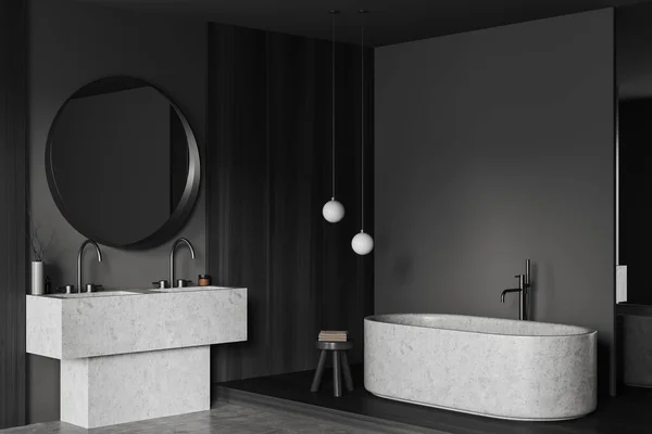 带有灰色和木制墙壁的时尚浴室角落 舒适的灰色浴缸和巨大的双层水池 上面有圆形的镜子 3D渲染 — 图库照片