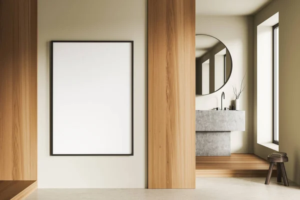 Modern Banyoda Asılı Beyaz Ahşap Duvarları Yuvarlak Aynalı Büyük Lavabosu — Stok fotoğraf