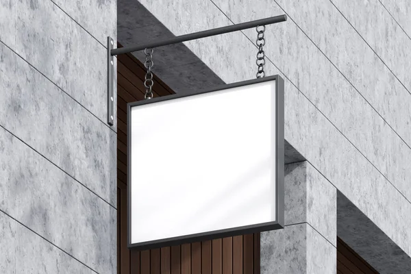 灰色のコンクリートの建物の外観 サイドビューにかかって正方形のキャンバスの看板をモックアップします 商品表示やビジネス広告のための通りに小さなバナー 3Dレンダリング — ストック写真