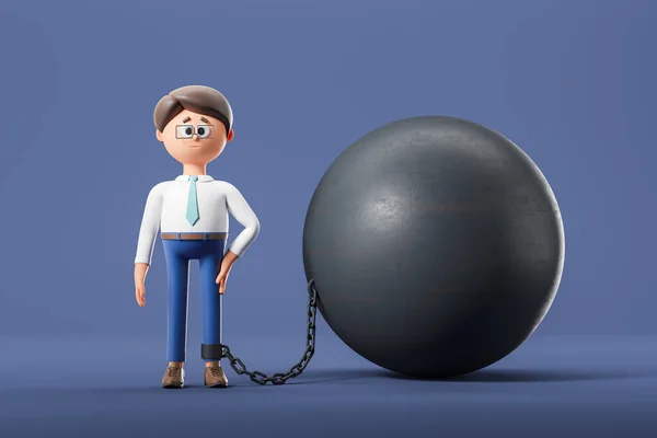 3d rendering. Sad cartoon character businessman with ball and chain on dark blue background. Concept of credit burden and debt, illustration