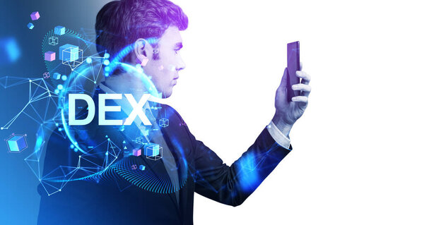 Businessman holding phone in hand, empty white background. Decentralized exchange DEX hologram. Financial communication and online banking. Concept of cryptocurrency and mobile app