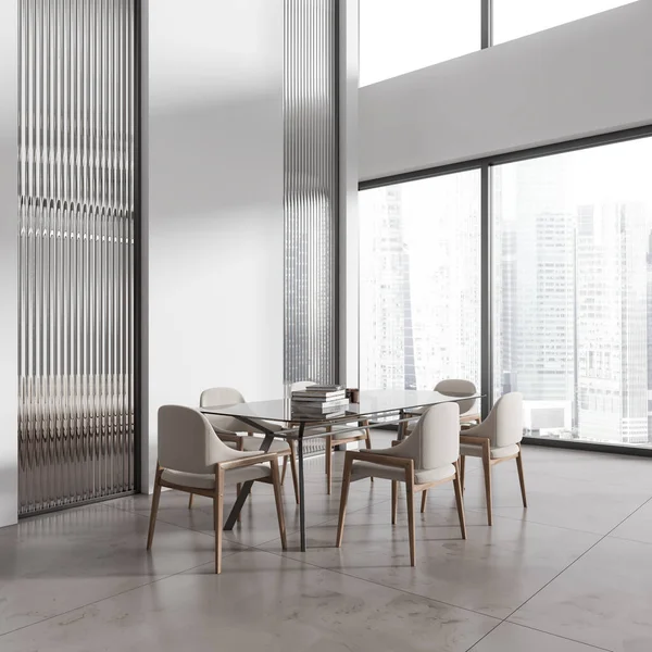 Corner Modern Dining Room White Glass Walls Marble Floor Long — Stock Photo, Image