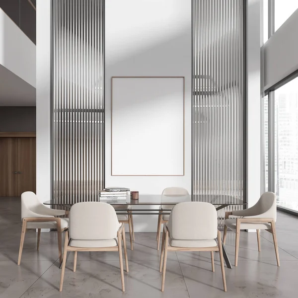 Interieur Van Moderne Eetkamer Met Witte Glazen Muren Marmeren Vloer — Stockfoto