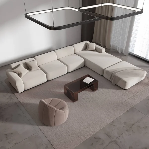 舒适的客厅内沙发和扶手椅顶部视图 咖啡桌在地毯上 混凝土瓷砖地板 客厅角落和城市全景窗口 3D渲染 — 图库照片
