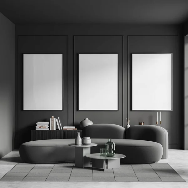 Interior Ruang Tamu Gelap Dengan Sofa Dan Papan Dengan Dekorasi — Stok Foto