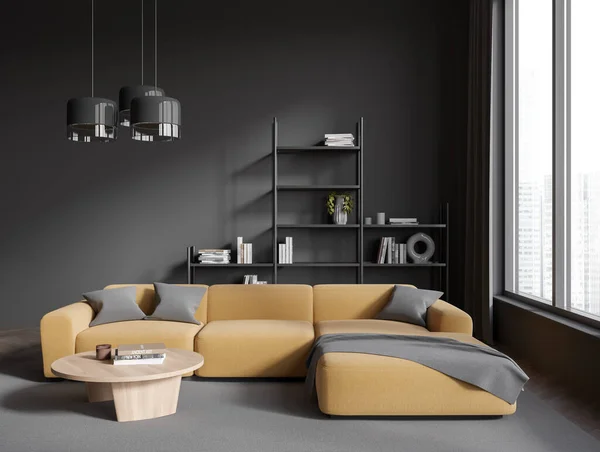 Dunkles Wohnzimmer Mit Sofa Und Couchtisch Minimalistisches Regal Mit Stilvoller — Stockfoto
