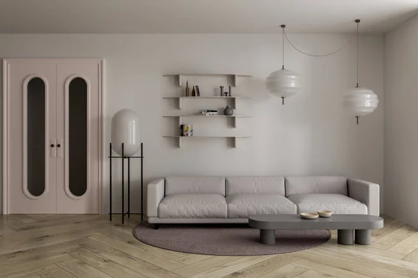 Interior Moderna Sala Estar Com Paredes Brancas Piso Madeira Confortável — Fotografia de Stock