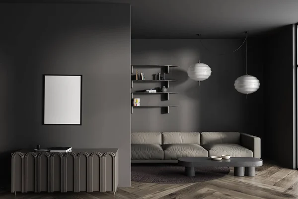 内饰时尚客厅 墙壁灰灰色 木地板黑暗 橱柜垂直模拟海报在上面 沙发与咖啡桌的背景 3D渲染 — 图库照片