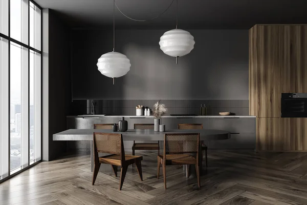Interior Cozinha Escura Com Mesa Jantar Poltronas Chão Madeira Zona — Fotografia de Stock