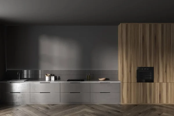 Interior Minimalistic Kitchen Gray Walls Dark Wooden Floor Gray Cabinets — Stock Photo, Image
