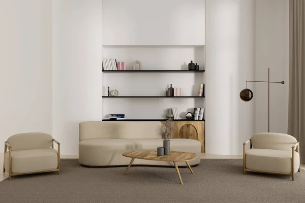 现代客厅内部有沙发 两张柔软的扶手椅和带有装饰的架子 放松区与现代家具和咖啡桌在地毯上 3D渲染 — 图库照片