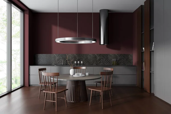 Interior Cocina Moderna Con Paredes Rojas Grises Suelo Madera Oscura —  Fotos de Stock