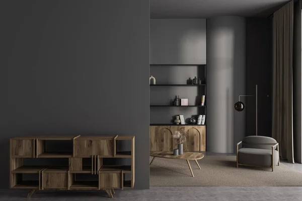 内饰时尚客厅 墙壁灰灰色 地板混凝土 靠书架的舒适灰色扶手椅和木制橱柜与模拟墙的前景 3D渲染 — 图库照片