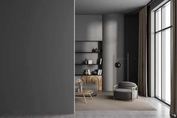 Interior Stylish Living Room Dark Gray Walls Concrete Floor Cozy — Stock Photo, Image