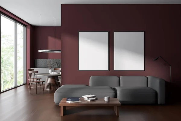 Interior Modern Living Room Dark Red Walls Stylish Gray Sofa — Stock Photo, Image