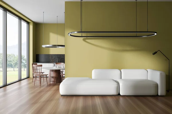 Modern Studio Interior Sofa Dining Table Seats Hardwood Floor Cooking — Stock Photo, Image