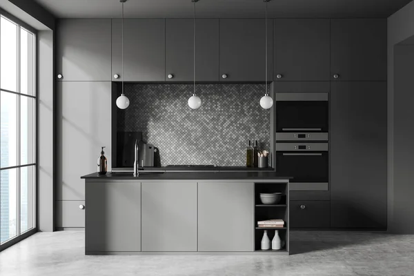 Interior Cozinha Elegante Com Paredes Cinza Mosaico Piso Concreto Armários — Fotografia de Stock