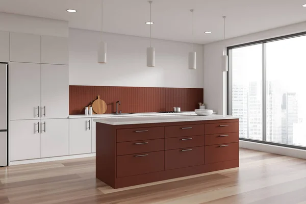 Hoek Van Moderne Keuken Met Witte Muren Houten Vloer Witte — Stockfoto