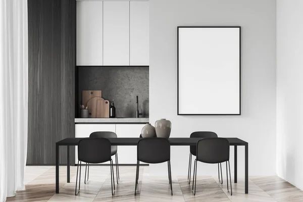 时尚厨房的内部有白色的墙壁 木制的地板 白色和木制的橱柜 长长的餐桌和垂直的模拟海报 3D渲染 — 图库照片