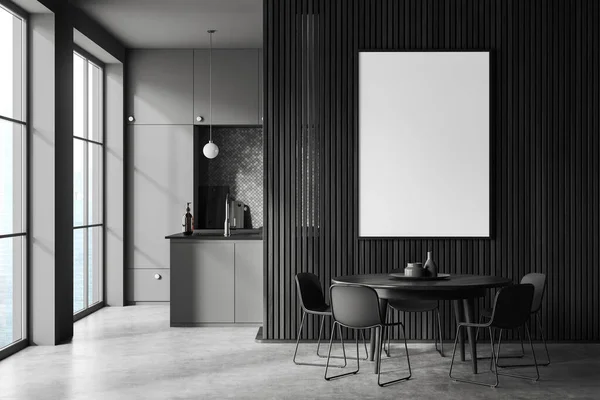 Interior Cozinha Escura Com Mesa Jantar Piso Concreto Cinza Zona — Fotografia de Stock
