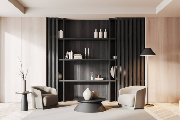 Современный интерьер гостиной с мягкими креслами и черными деревянными вставками с художественной отделкой, ковром на лиственном полу. Уютная лоджия в домашней квартире. 3D рендеринг