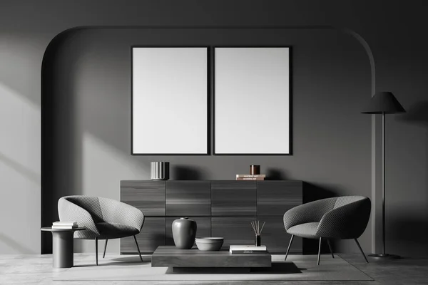 Intérieur Sombre Salon Avec Commode Noire Table Basse Deux Fauteuils — Photo