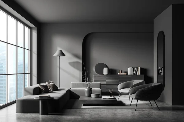 Dark Lounge Interior Dengan Sofa Dua Kursi Dan Lemari Hitam — Stok Foto