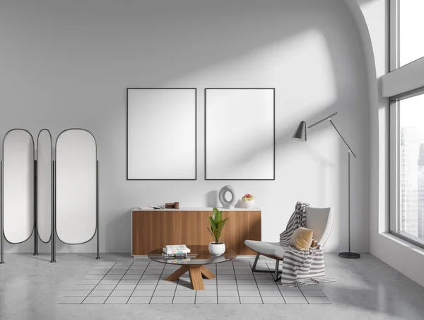 Interior Moderna Sala Estar Con Paredes Blancas Suelo Hormigón Sillón —  Fotos de Stock