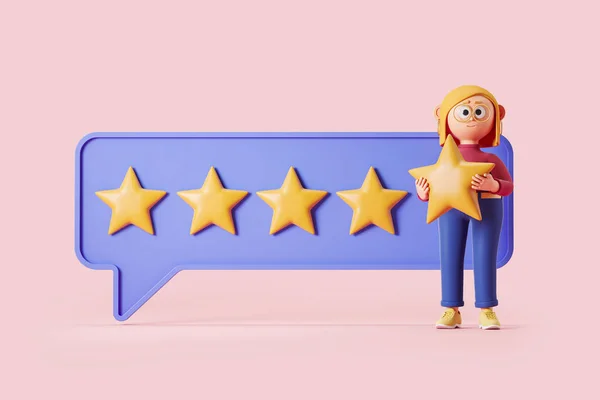 Rendering Cartoon Character Woman Giving Five Stars Comment Customer Feedback — Stock Photo, Image