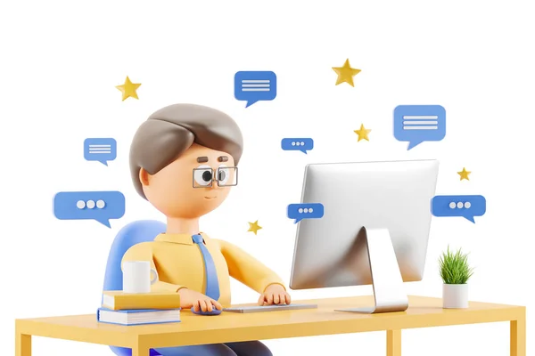 Απόδοση Cartoon Άνθρωπος Χαρακτήρα Που Εργάζονται Στον Υπολογιστή Φούσκα Μήνυμα — Φωτογραφία Αρχείου