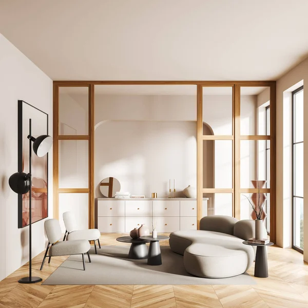 Interior Ruang Tamu Modern Dengan Dinding Putih Lantai Kayu Ceruk — Stok Foto
