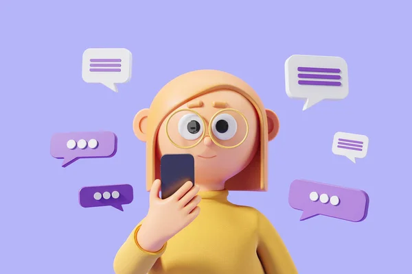 Rendering Cartoon Character Woman Holding Phone Text Message Bubble Purple — Stock Photo, Image