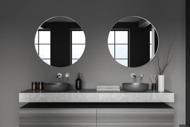 Duvar lavabosu, iki yuvarlak ayna, lavabo ve banyo aksesuarları ve minimalist dekorasyonu olan siyah ahşap bir şifoniyer. 3B görüntüleme