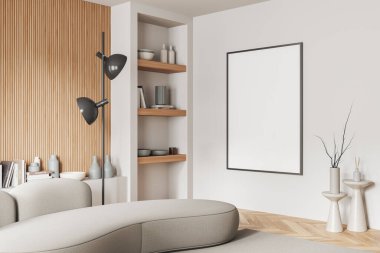 Oturma odasının içi kanepe, yan görüş rafı, şık bir sanat dekorasyonu, ahşap zeminde halı. İskandinav gevşeme köşesi ve tuval posteri. 3B görüntüleme