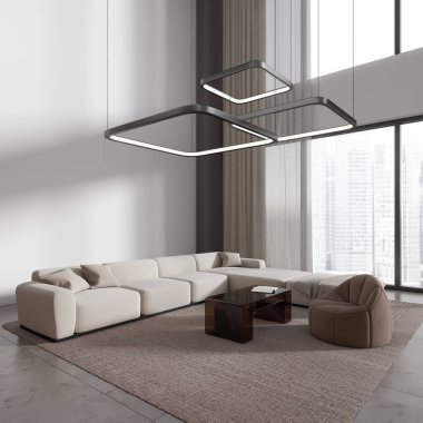 Oturma odasının içi kanepe ve koltukla kaplı, yan manzaralı halı, beton döşemeli. Salon köşesi ve gökdelenlerin panoramik penceresi. 3B görüntüleme