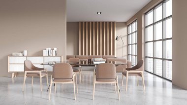 Oturma odasının içinde cam yemek masası ve koltuğu ve gri beton zemini olan dinlenme alanı var. Gökdelenlerde panoramik penceresi olan şık bir stüdyo daire. 3B görüntüleme