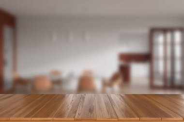 Ahşap boş masa, modern mobilyalarla süslü ev mutfağının arka planında. Ürün görüntüleme için kopyalama alanı. 3B görüntüleme