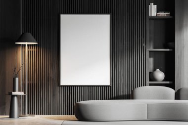 Karanlık oturma odasının içi kanepe ve sanat dekorasyonuyla dolu raflarda kitaplar, gri beton zeminde halı. Tuvalin posterini hazırla. 3B görüntüleme