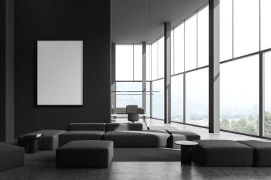 Gri duvarları, beton zemini, gri koltukları ve arka planda açık alanı olan şık ofis bekleme odasının içi. Dikey model poster ve bulanık dağ manzaralı pencereler. 3d oluşturma