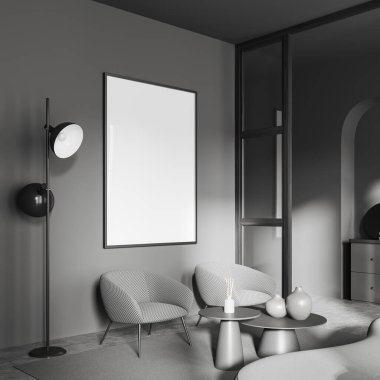 İki koltuklu, kahve masalı, yan manzaralı karanlık bir ev oturma odası. Evde dinlenme köşesi, gri beton zeminde halı. Tuvalin posterini hazırla. 3B görüntüleme