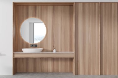 Modern otel banyosunun içinde lavabo ve yuvarlak ayna var. Minimalist lavabo ve boş ahşap duvarın fotokopisini çek. 3B görüntüleme